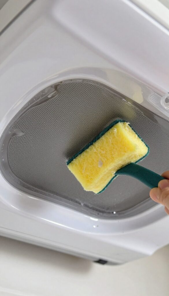Cleaning the ceiling of a microwave with a long-handled sponge