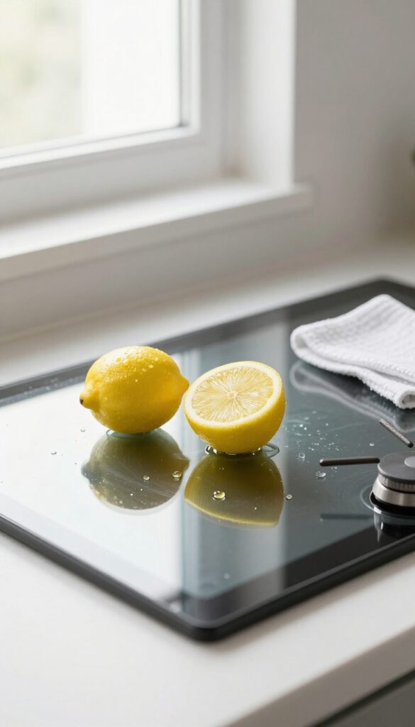 Close-up of a glass cooktop with a lemon half and microfiber cloth, bright natural light, clean and fresh kitchen scene