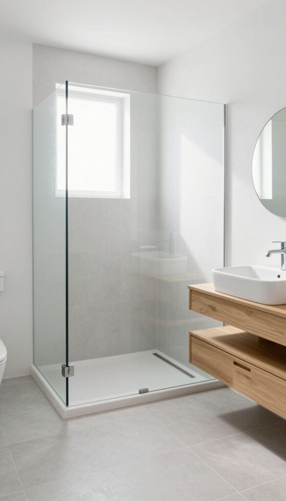 Curbless shower entry in a tiny bathroom with seamless tile floor, linear drain, and frameless glass panel.