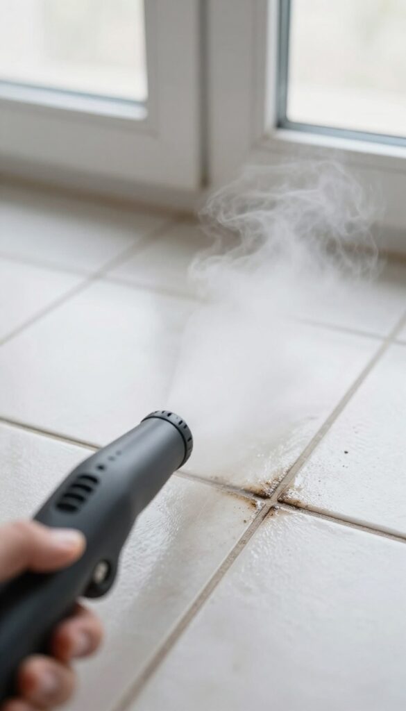 Handheld steam cleaner cleaning grout lines on tile floor