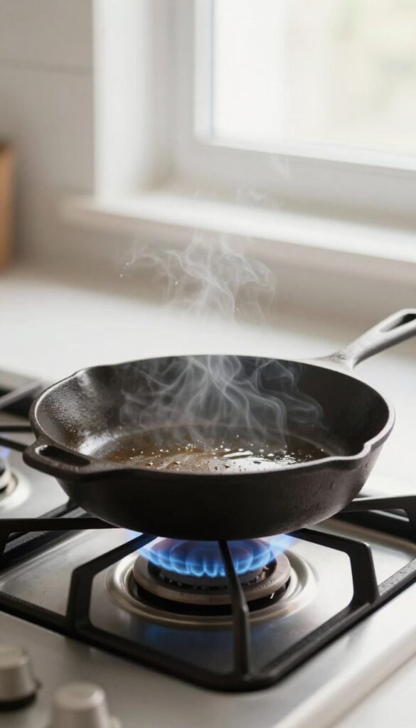 Cast iron skillet drying on a low flame stovetop, with steam evaporating and a thin oil sheen.