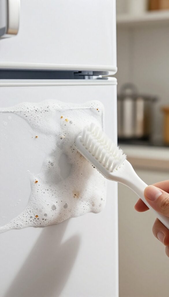 Cleaning refrigerator door gasket with a toothbrush and soapy water.