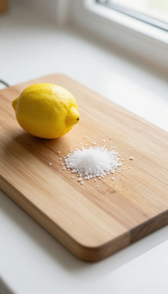 Wooden cutting board with salt and lemon for sanitizing