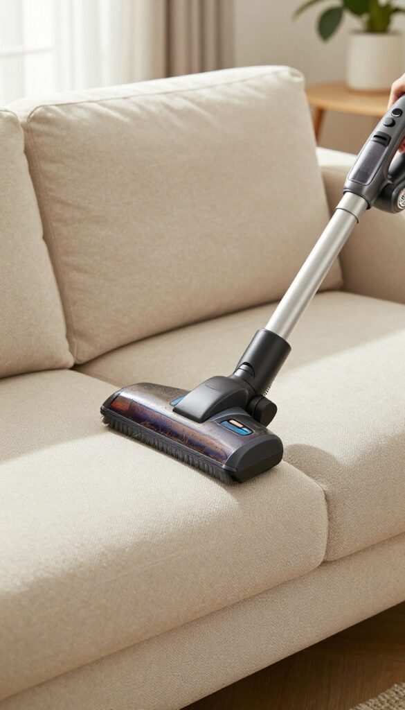 Close-up of a brush attachment vacuuming a beige fabric couch in a bright living room
