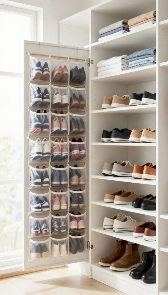 Vertical shoe storage in a bright closet using an over-the-door organizer and stackable shelves