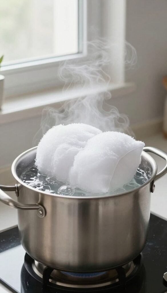 Boiling a white pillow in a pot of water with washing soda to remove yellow stains