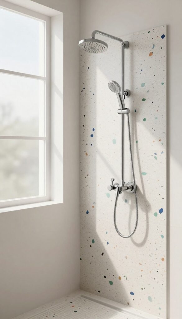 Terrazzo tiled shower with speckled blue, green, and terracotta chips on white base, natural light, chrome fixtures