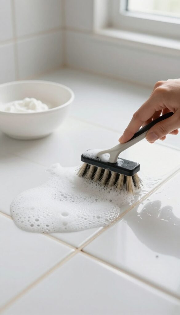 Cleaning bathroom grout with hydrogen peroxide and dish soap paste