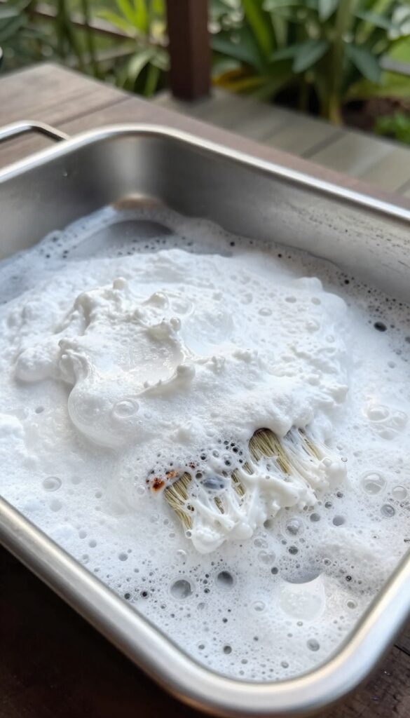 Baking soda and hydrogen peroxide paste fizzing on a grill drip tray to remove tough grease spots