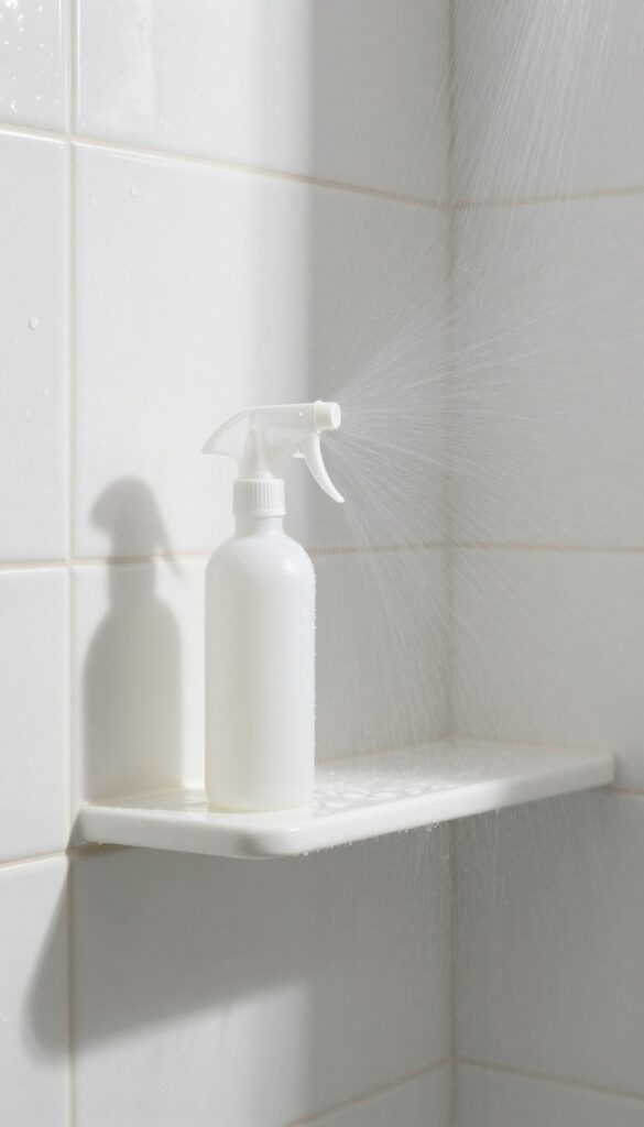 A spray bottle on a shower shelf next to clean, wet tiles and glass, with natural light creating a fresh and inviting atmosphere.