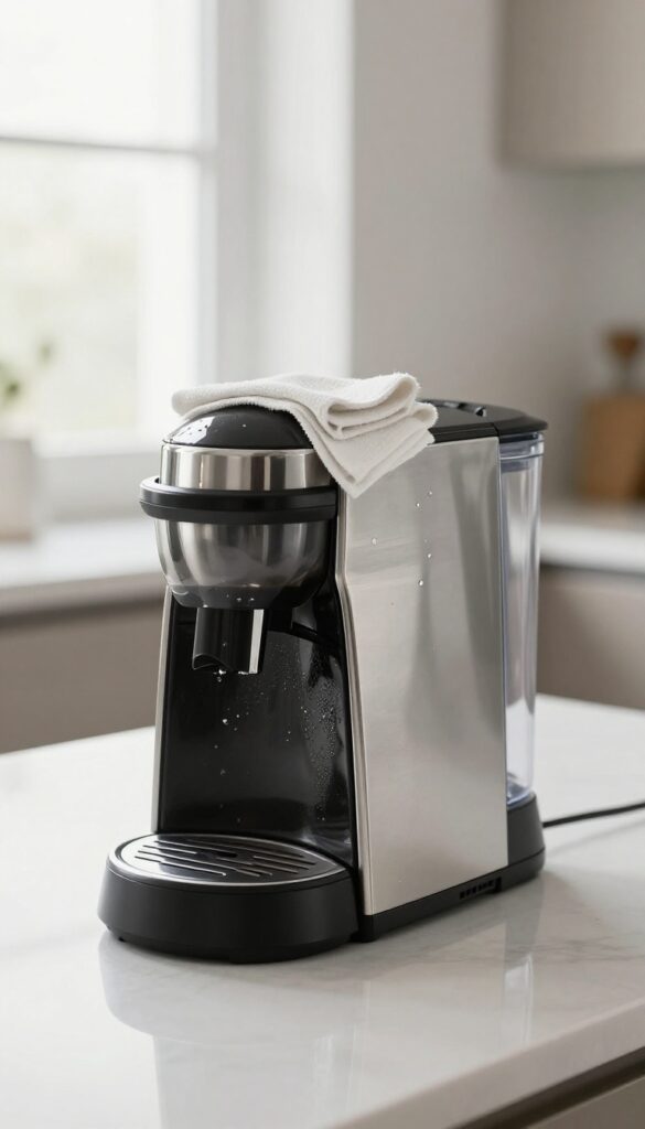 Cleaning coffee maker exterior with vinegar using a microfiber cloth for a streak-free shine