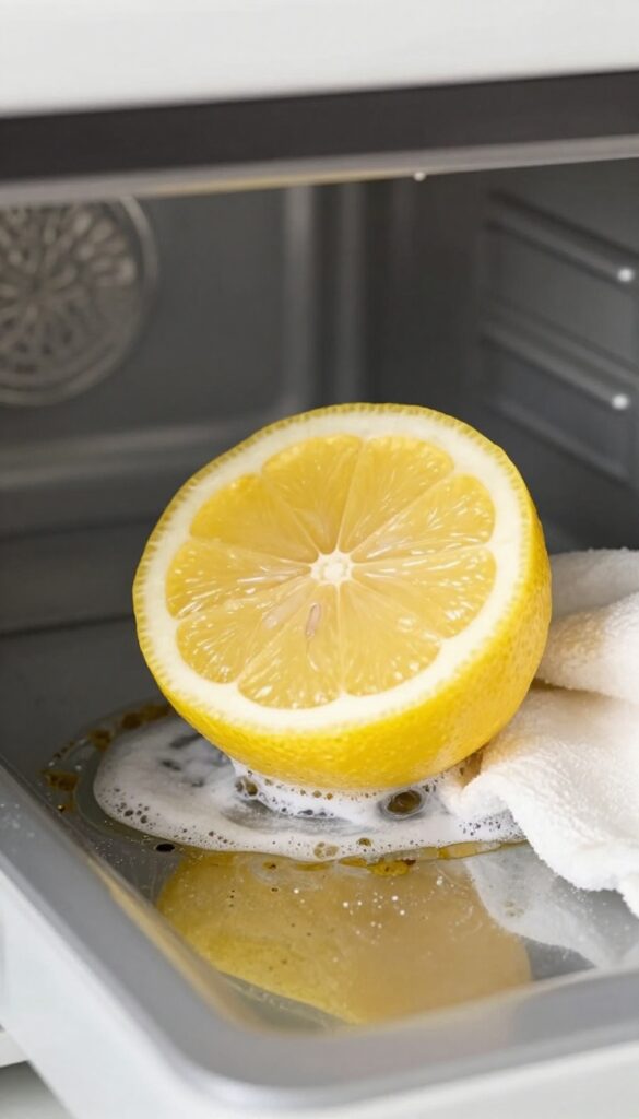 Lemon half dipped in baking soda scrubbing a stubborn stain inside a microwave