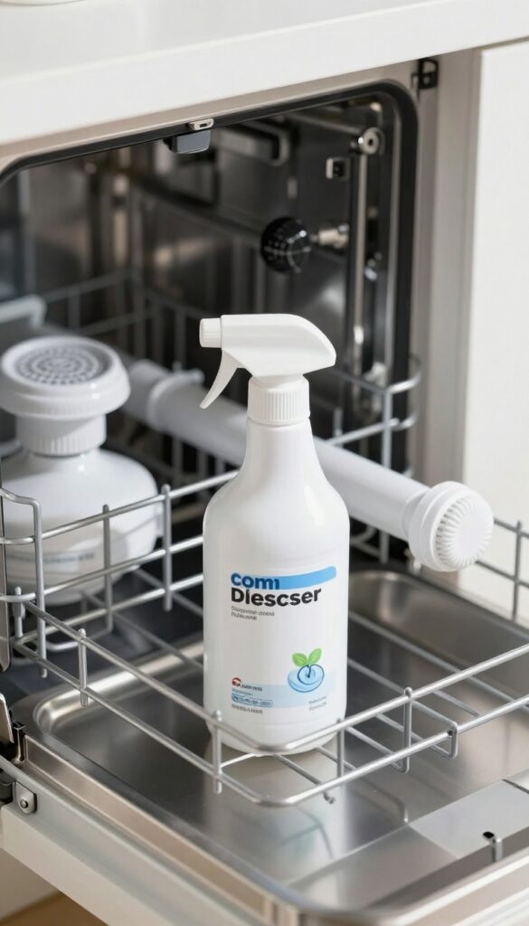 Dishwasher interior with limescale buildup and a commercial descaler on the bottom rack.