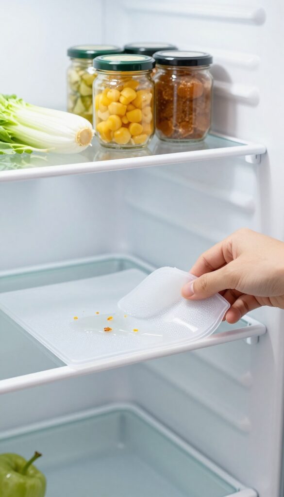 Close-up of a clear silicone shelf liner in a refrigerator, catching a spill, with a hand pulling it out for easy cleaning.