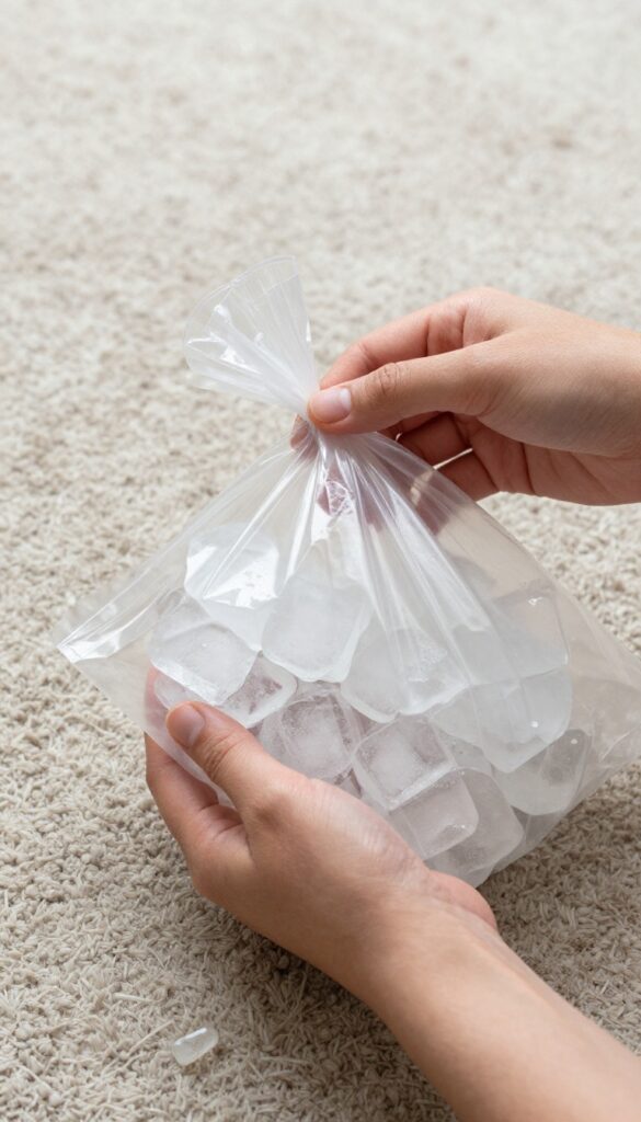 Person holding ice cubes in a plastic bag against chewing gum stuck on carpet
