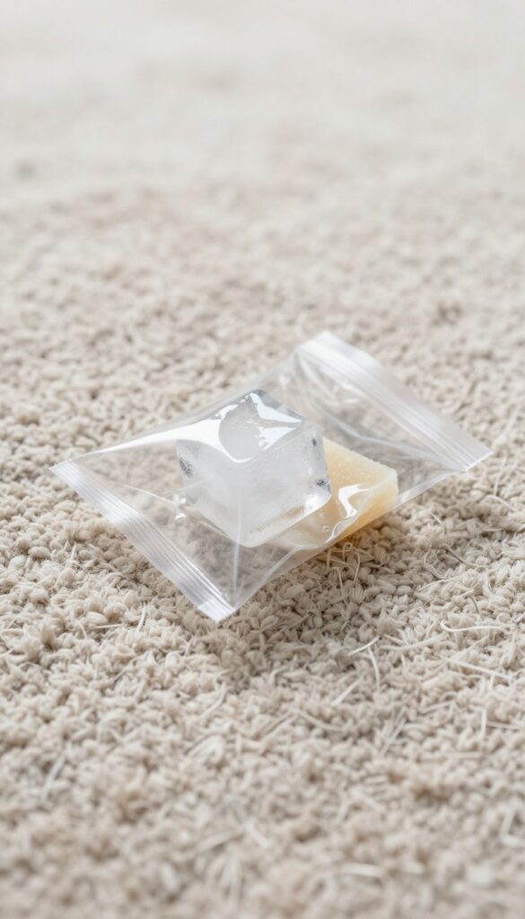 Close-up of a rug with a frozen piece of gum under an ice cube in a plastic bag, illustrating the freeze removal method.
