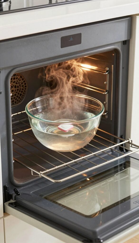 Open oven with a steaming bowl of water and dishwasher tablet inside, soft warm glow, kitchen background