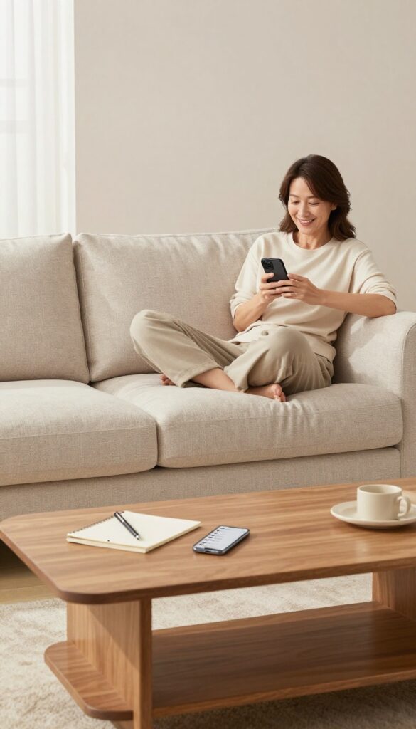 A woman holding a phone showing contacts, with a notepad and pen on a coffee table in a bright living room with a clean sofa.