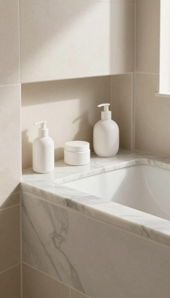 Seamless natural stone slab shower niche with marble veining, minimalist bottles, and bright natural light