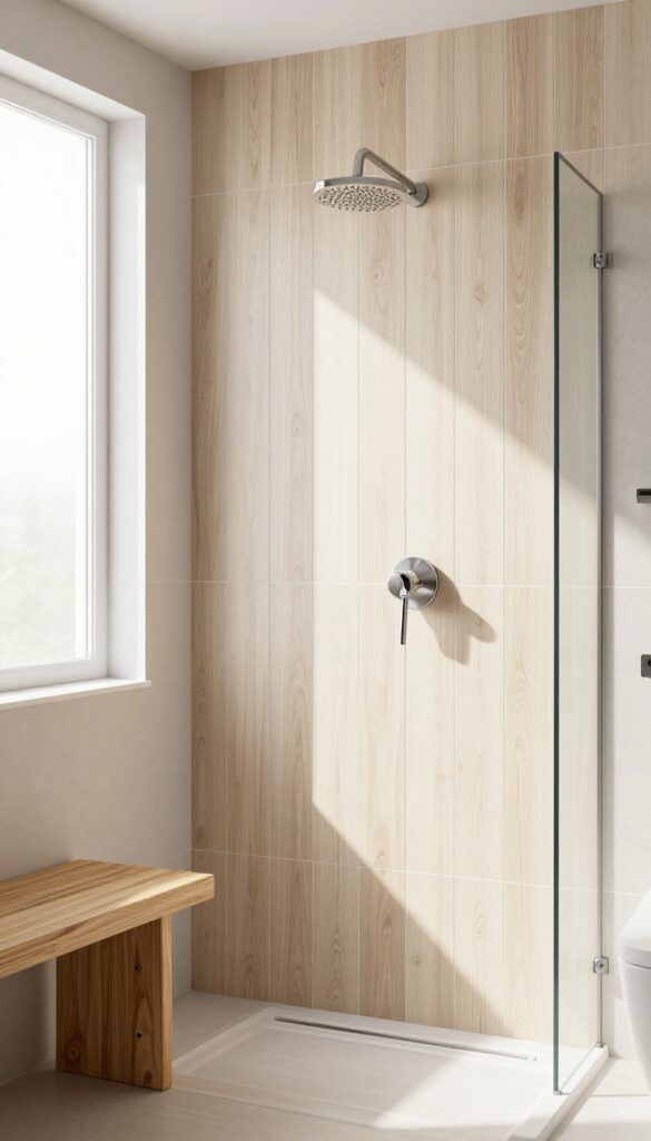 Vertical wood-look planks in a shower, light ash tone, textured grain, natural light, rain shower head, teak bench, seamless grout lines.