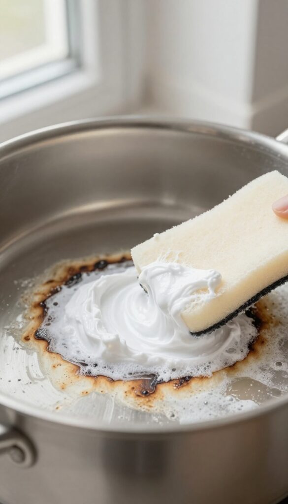 Baking soda paste applied to burnt pot bottom for cleaning