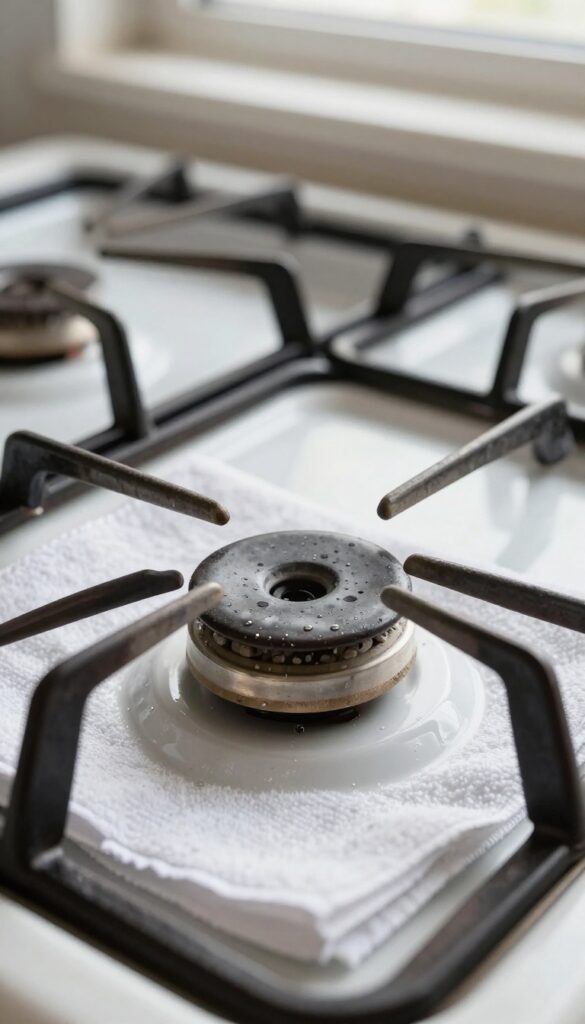 Dry gas burner parts on a towel in natural light, ready for reassembly