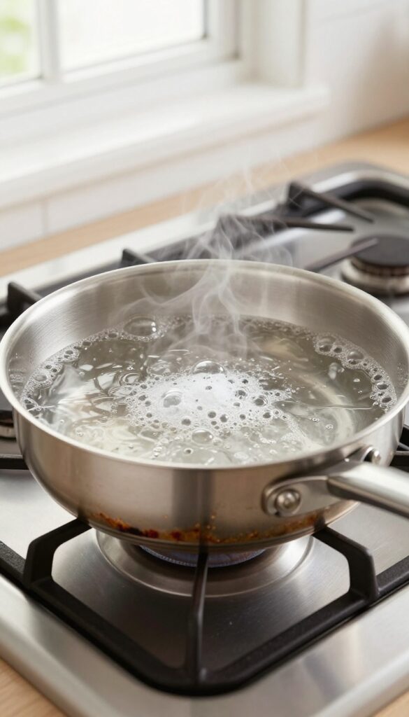 Boiling water and baking soda in a stainless steel pan to clean burnt-on food