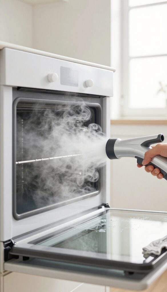 Handheld steam cleaner cleaning oven glass door