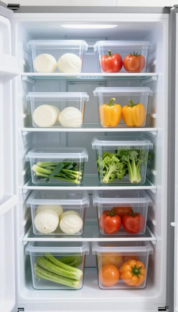 Organized fridge with clear bins and grouped food categories on clean shelves