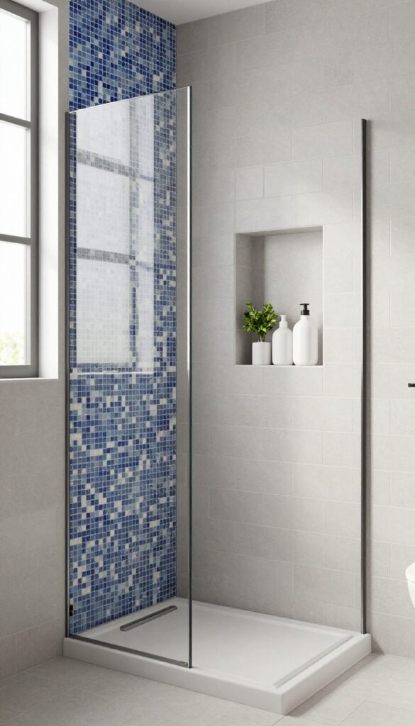Recessed shower niche with decorative mosaic tile accent, minimalist bathroom design