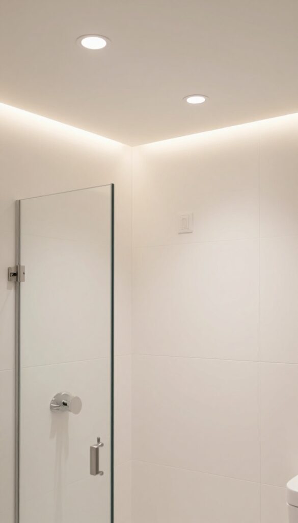 Modern shower room with recessed dimmable lighting and LED strip creating a relaxing ambiance.