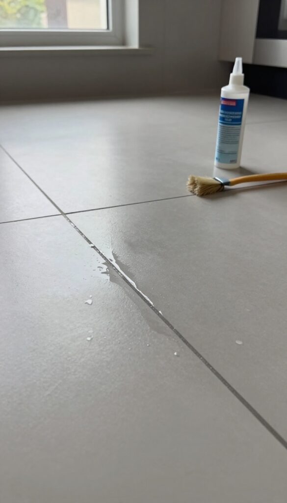 Sealed grout with water beading on the surface, brush and sealer bottle nearby.