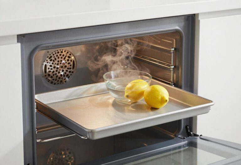 Clean oven interior with a bowl of water and lemon for steaming