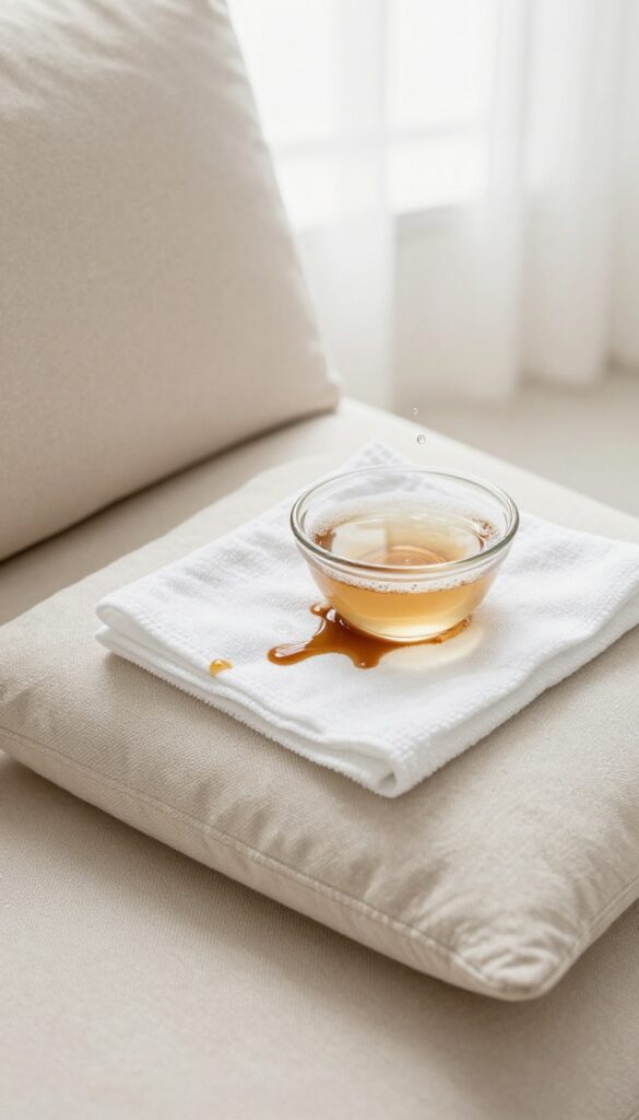 Cleaning a fabric couch cushion by blotting a coffee spill with a damp cloth and dish soap solution.