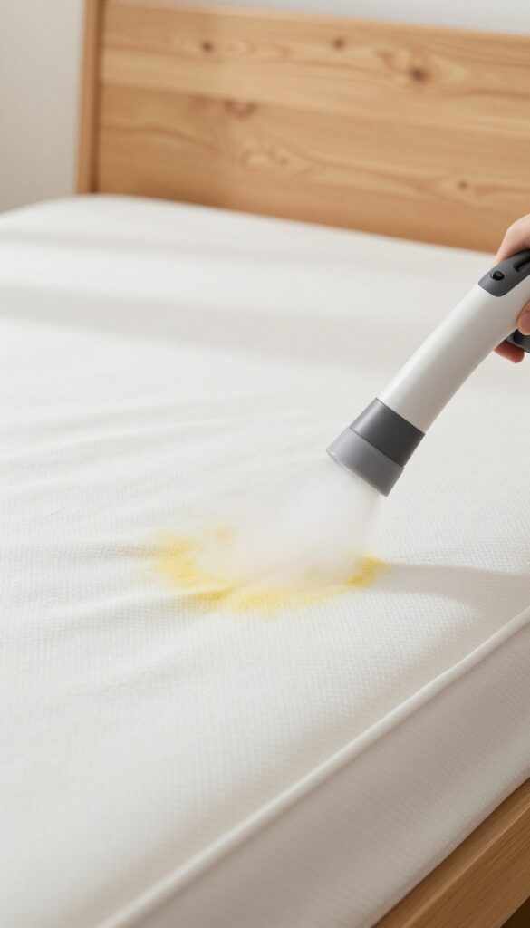 Handheld steam cleaner cleaning a stained mattress in a bright bedroom