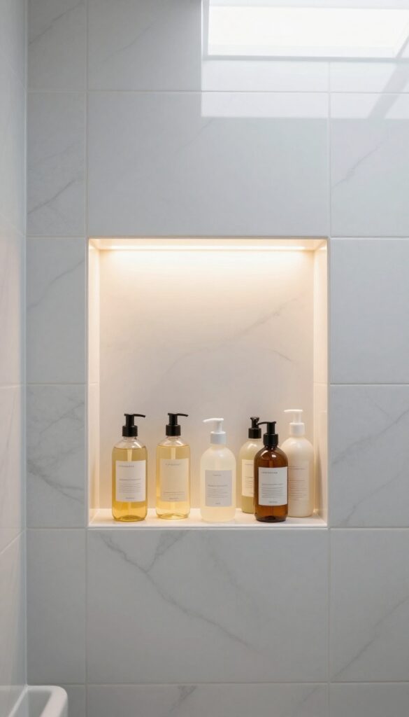 Backlit shower niche with warm LED glow, marble tiles, and glass bottles