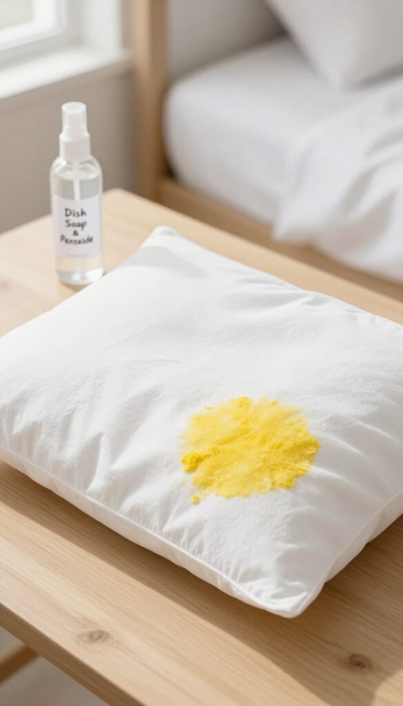 White pillow with yellow stain and spray bottle of dish soap and hydrogen peroxide on wooden surface