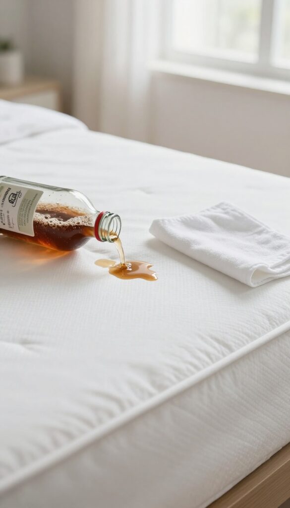 Club soda being poured onto a fresh coffee stain on a white mattress, with bubbles lifting the stain, bright natural light, photorealistic home cleaning scene.