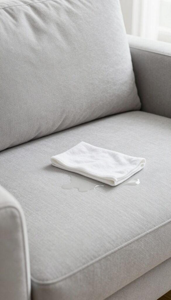 Blotting a spill on a microfiber couch with a white cloth