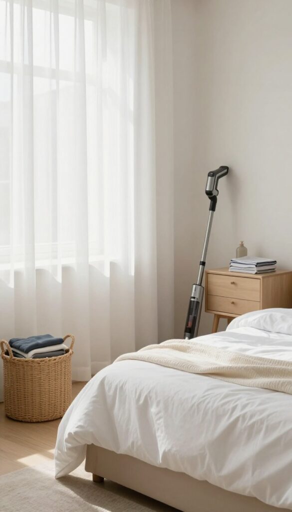 A clean, organized bedroom with made bed, tidy surfaces, and cleaning tools, representing a daily reset routine.