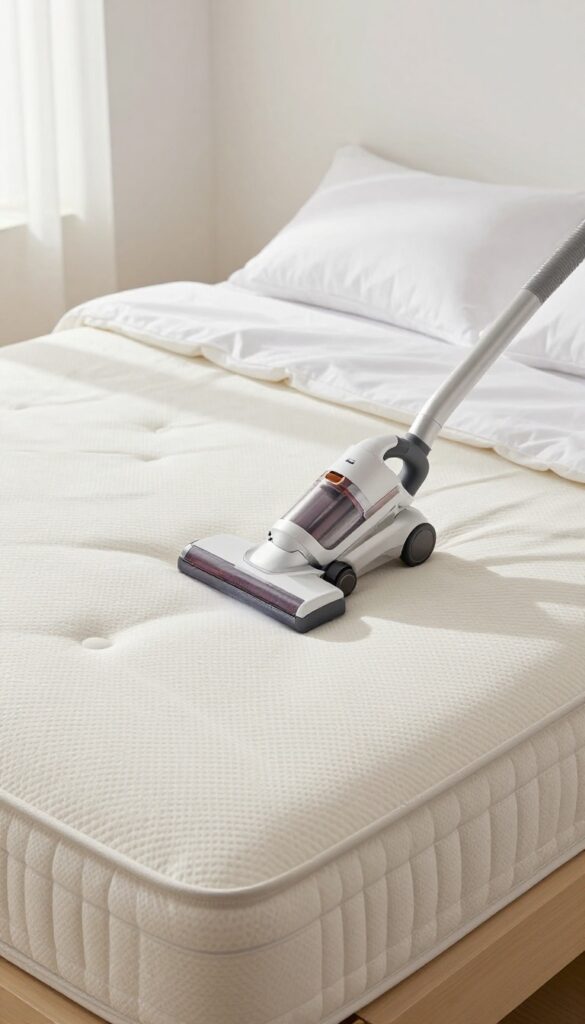 Vacuuming a bare mattress with upholstery attachment in a bright, clean bedroom