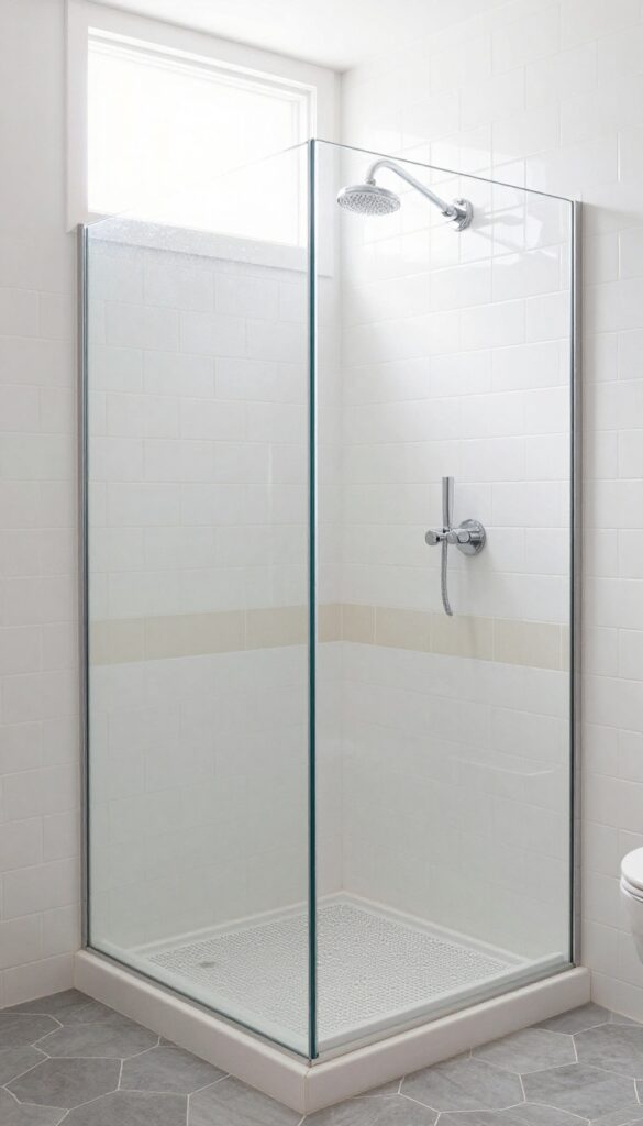 Neutral tile palette shower with white subway tiles, gray hexagon floor tiles, and a beige accent niche