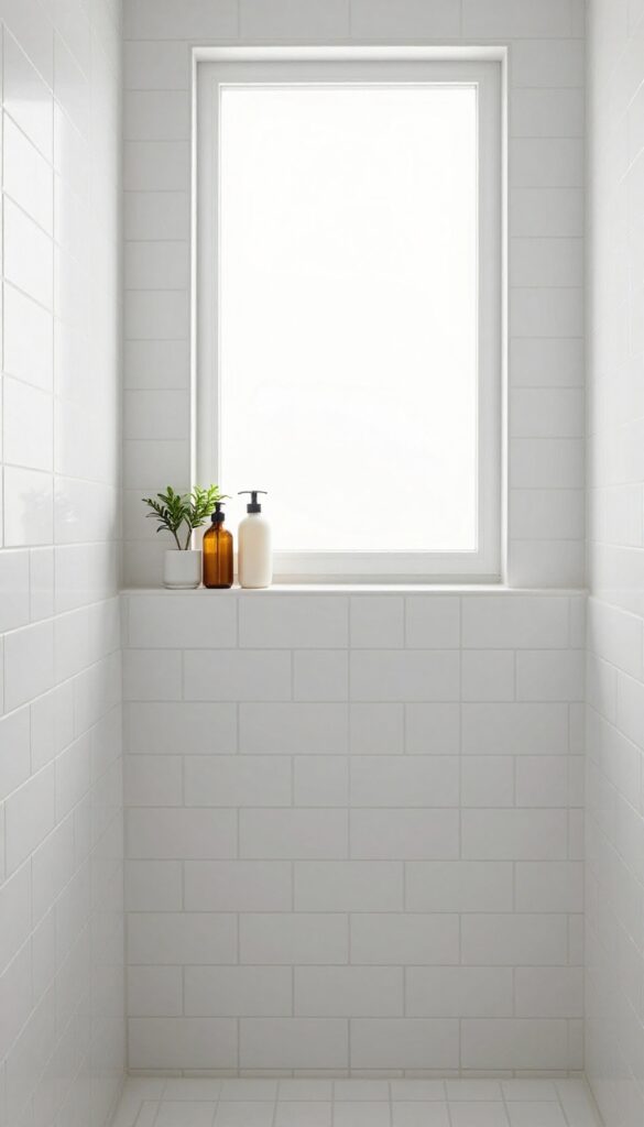 Recessed shelf in shower wall with bottles and plant, bright natural light