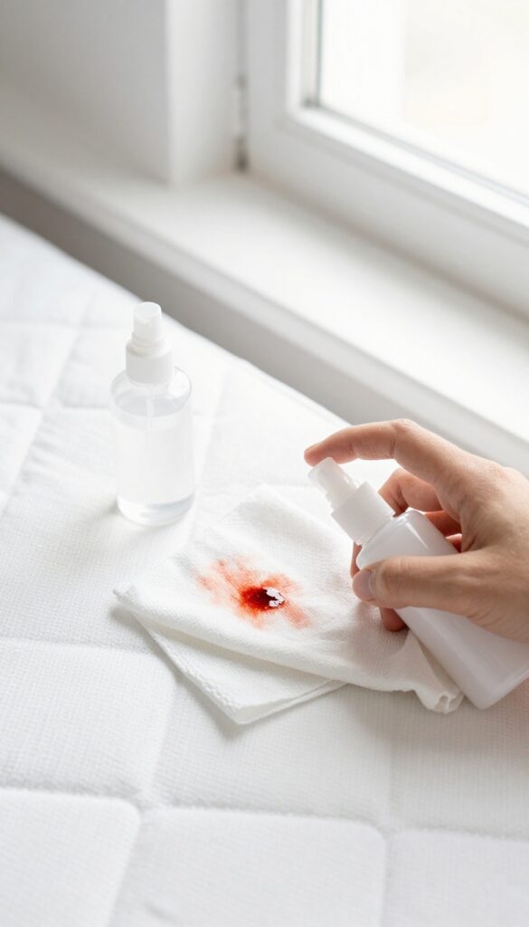 Cleaning blood stain on mattress with hydrogen peroxide and cloth