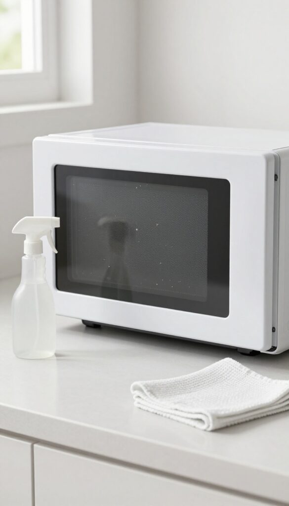 Dish soap and water spray being used to clean light splatters inside a microwave