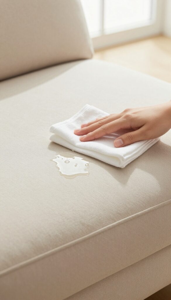Person blotting a spill on a beige sofa with a white cloth
