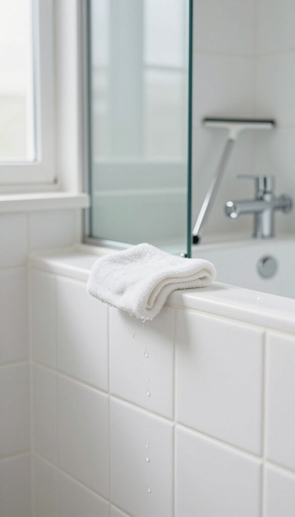 Microfiber cloth on clean shower tile with natural light