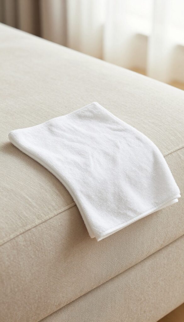 Blotting a microfiber couch cushion with a dry cloth to prevent water marks