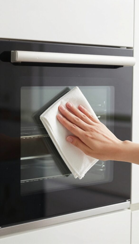 Hand wiping oven door glass with a dry microfiber cloth in bright kitchen light
