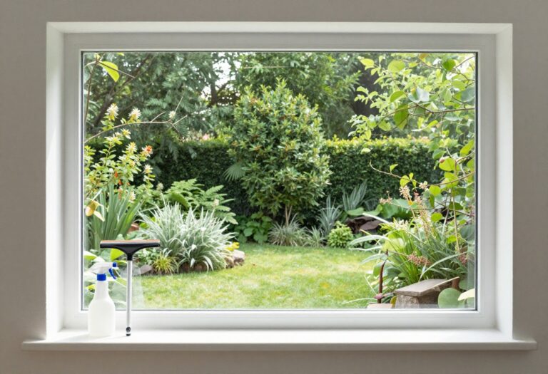 Clean window with sunlight and a squeegee on the sill